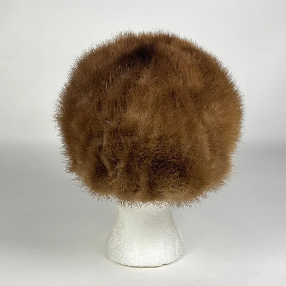 Vintage Brown Mink Fur Hat Satin Lining Winter Union Label Made in USA Mobwife